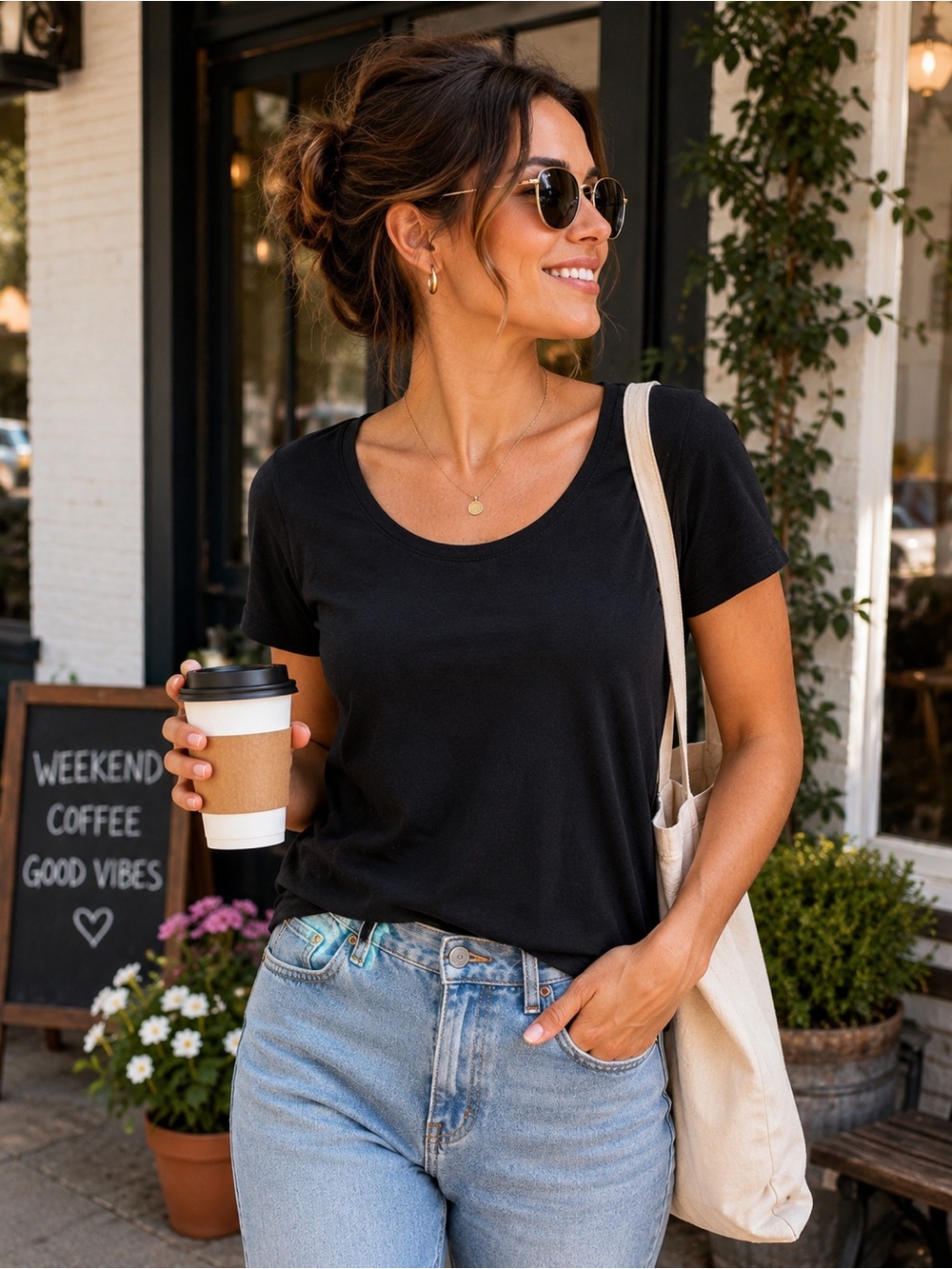 White Stag Black Scoop Neck Cotton Basic Tee Size Large 12-14
